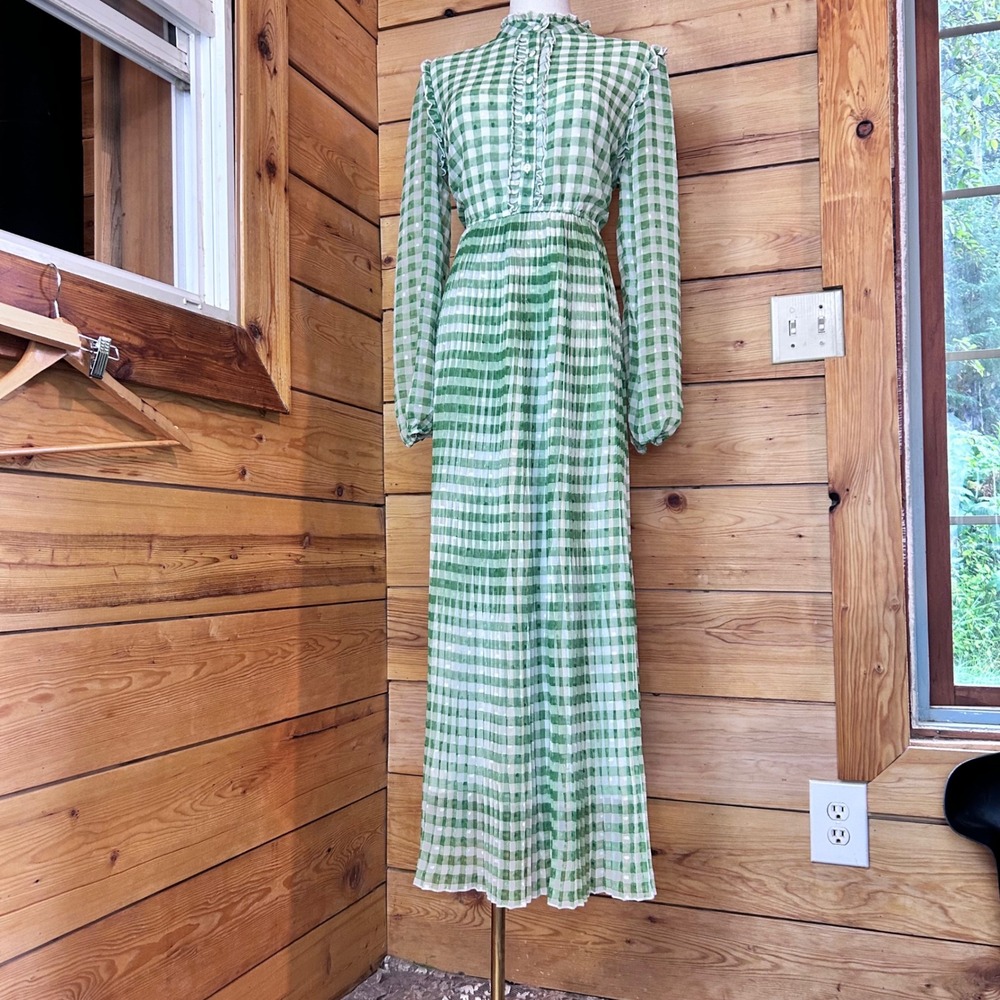 Gingham Maxi Dress Womens Large Green White Cottagecore Prairie Milkmaid Parory